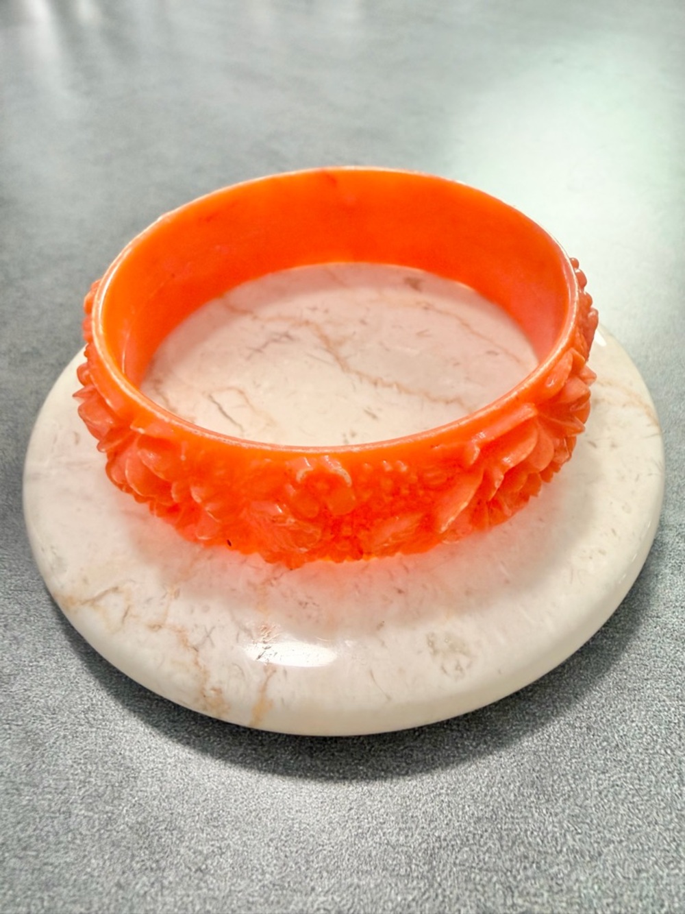 Vintage Orange Ornate Floral Stacking Bangle Bracelet Molded Acrylic Plastic